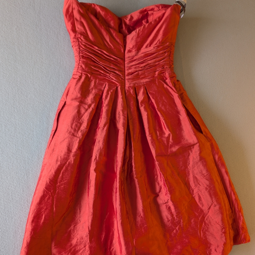 Jenny Yoo 100% Silk Coral Orange Strapless Ruched Waist Cocktail Dress Sz 8 - Picture 7 of 15